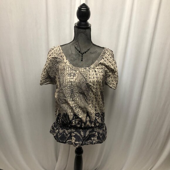 Nine West Top Womens Size Medium Beige Black Elastic Hemline Lightweight Cotton - Picture 1 of 9